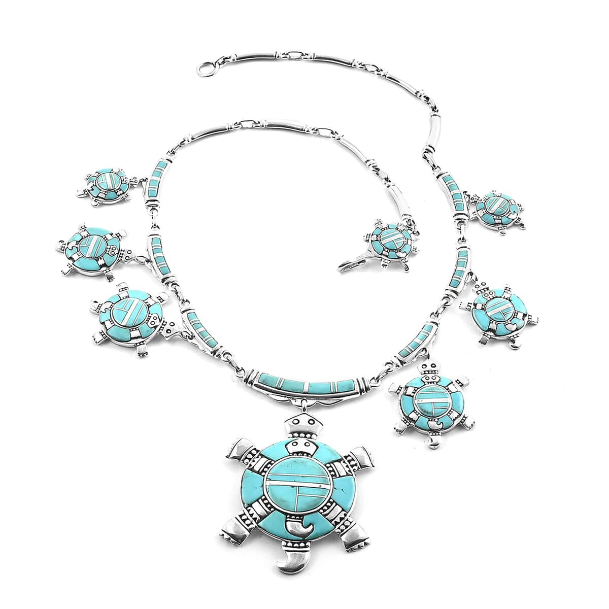 SANTA FE Style Turquoise Turtle Earrings, Ring Size 8, Bracelet 8.00 In and Necklace 24 Inches in Sterling Silver 226.8 Grams 16.40 ctw image number 1