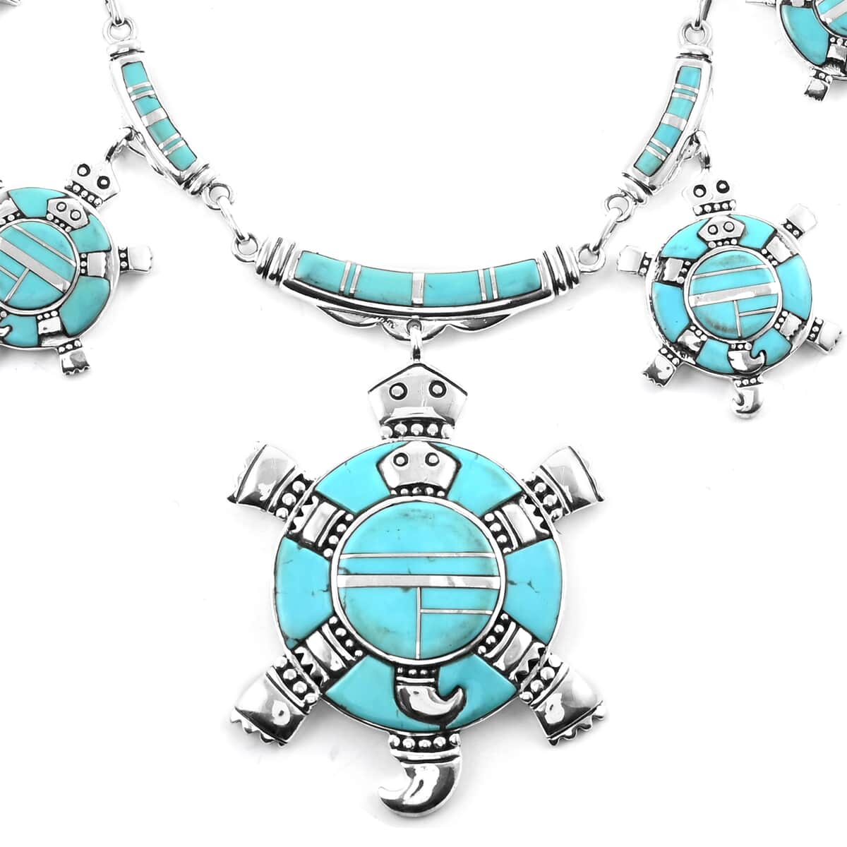SANTA FE Style Turquoise Turtle Earrings, Ring Size 8, Bracelet 8.00 In and Necklace 24 Inches in Sterling Silver 226.8 Grams 16.40 ctw image number 2