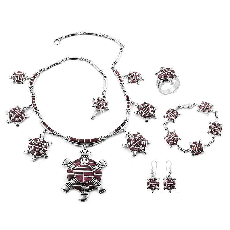 Santa Fe Style Purple Spiny Oyster Shell Turtle Earrings, Ring Size 8, Bracelet 8.00 In and Necklace 24 Inches in Sterling Silver