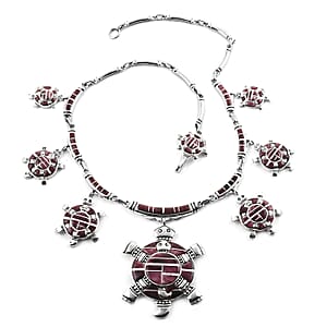 Santa Fe Style Purple Spiny Oyster Shell Turtle Earrings, Ring Size 8, Bracelet 8.00 In and Necklace 24 Inches in Sterling Silver