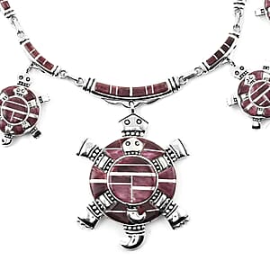 Santa Fe Style Purple Spiny Oyster Shell Turtle Earrings, Ring Size 8, Bracelet 8.00 In and Necklace 24 Inches in Sterling Silver