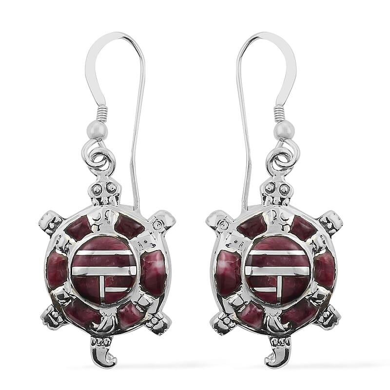 Santa Fe Style Purple Spiny Oyster Shell Turtle Earrings, Ring Size 8, Bracelet 8.00 In and Necklace 24 Inches in Sterling Silver