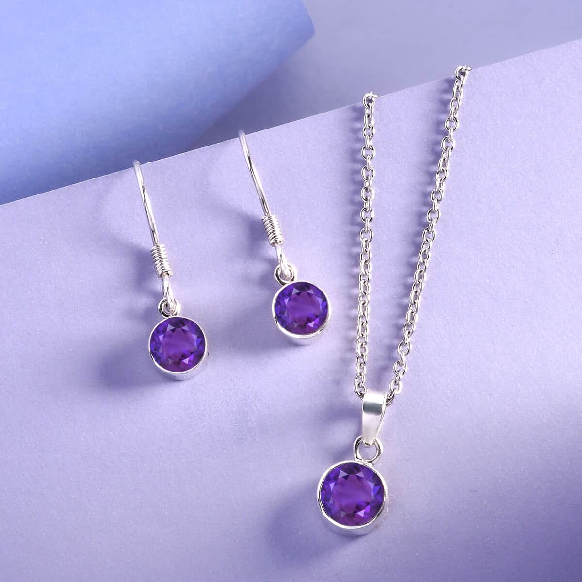 February Birthstone Jewelry Gift Set, Amethyst Earrings and Amethyst Pendant, Jewelry Gift Set in Platinum Over Sterling Silver with Stainless Steel Necklace 20In 2.60 ctw image number 1