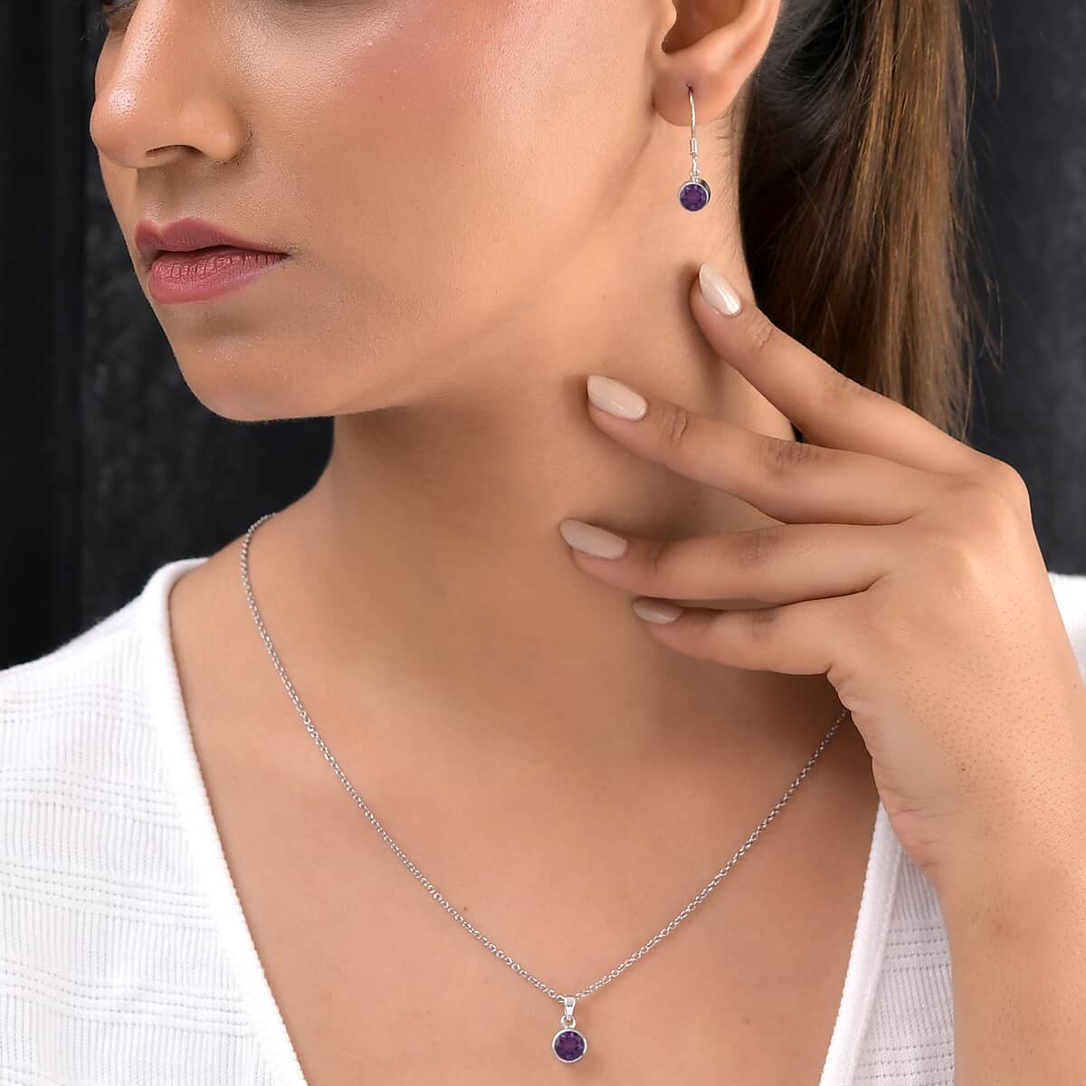 February Birthstone Jewelry Gift Set, Amethyst Earrings and Amethyst Pendant, Jewelry Gift Set in Platinum Over Sterling Silver with Stainless Steel Necklace 20In 2.60 ctw image number 2