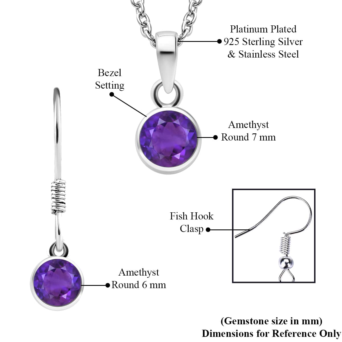 February Birthstone Jewelry Gift Set, Amethyst Earrings and Amethyst Pendant, Jewelry Gift Set in Platinum Over Sterling Silver with Stainless Steel Necklace 20In 2.60 ctw image number 6