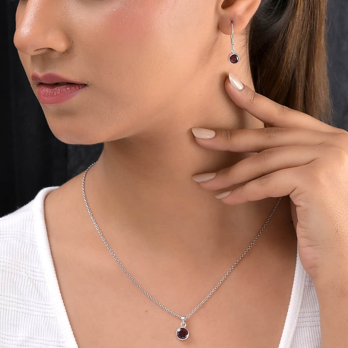 January Birthstone Jewelry Gift Set, Mozambique Garnet Earrings and Garnet Pendant, Jewelry Gift Set in Platinum Over Sterling Silver with Stainless Steel Necklace 20In 3.50 ctw image number 2