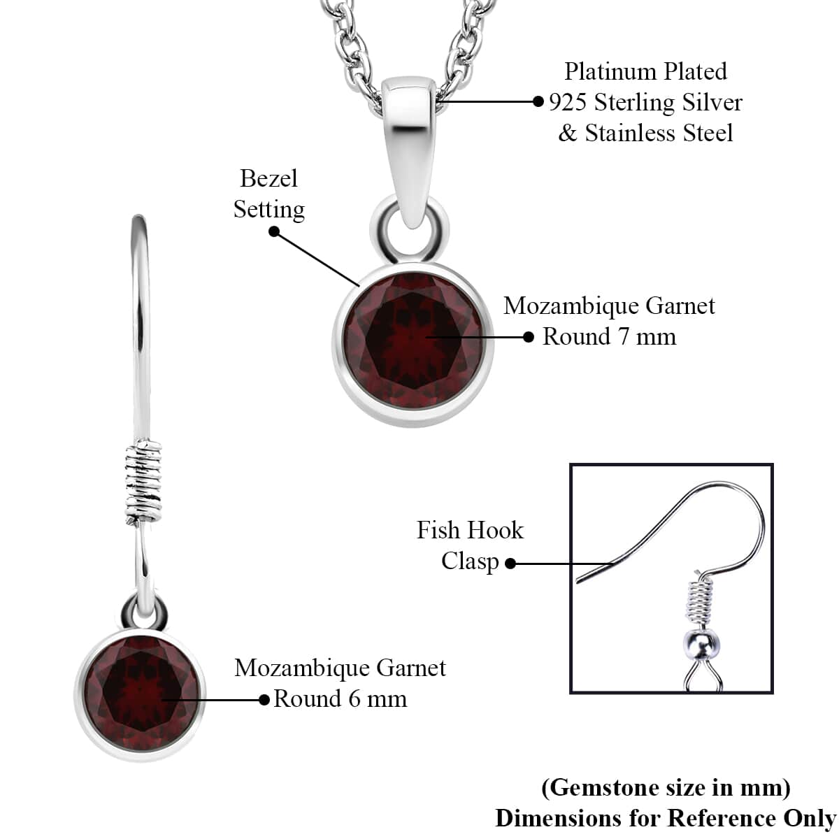January Birthstone Jewelry Gift Set, Mozambique Garnet Earrings and Garnet Pendant, Jewelry Gift Set in Platinum Over Sterling Silver with Stainless Steel Necklace 20In 3.50 ctw image number 6