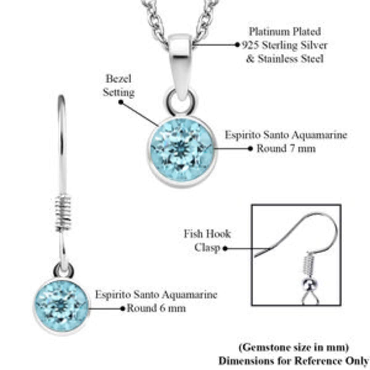 March Birthstone Jewelry Gift Set, Mangoro Aquamarine Earrings and Aquamarine Pendant, Jewelry Gift Set in Platinum Over Sterling Silver with Stainless Steel Necklace (20 Inches) 2.40 ctw image number 6