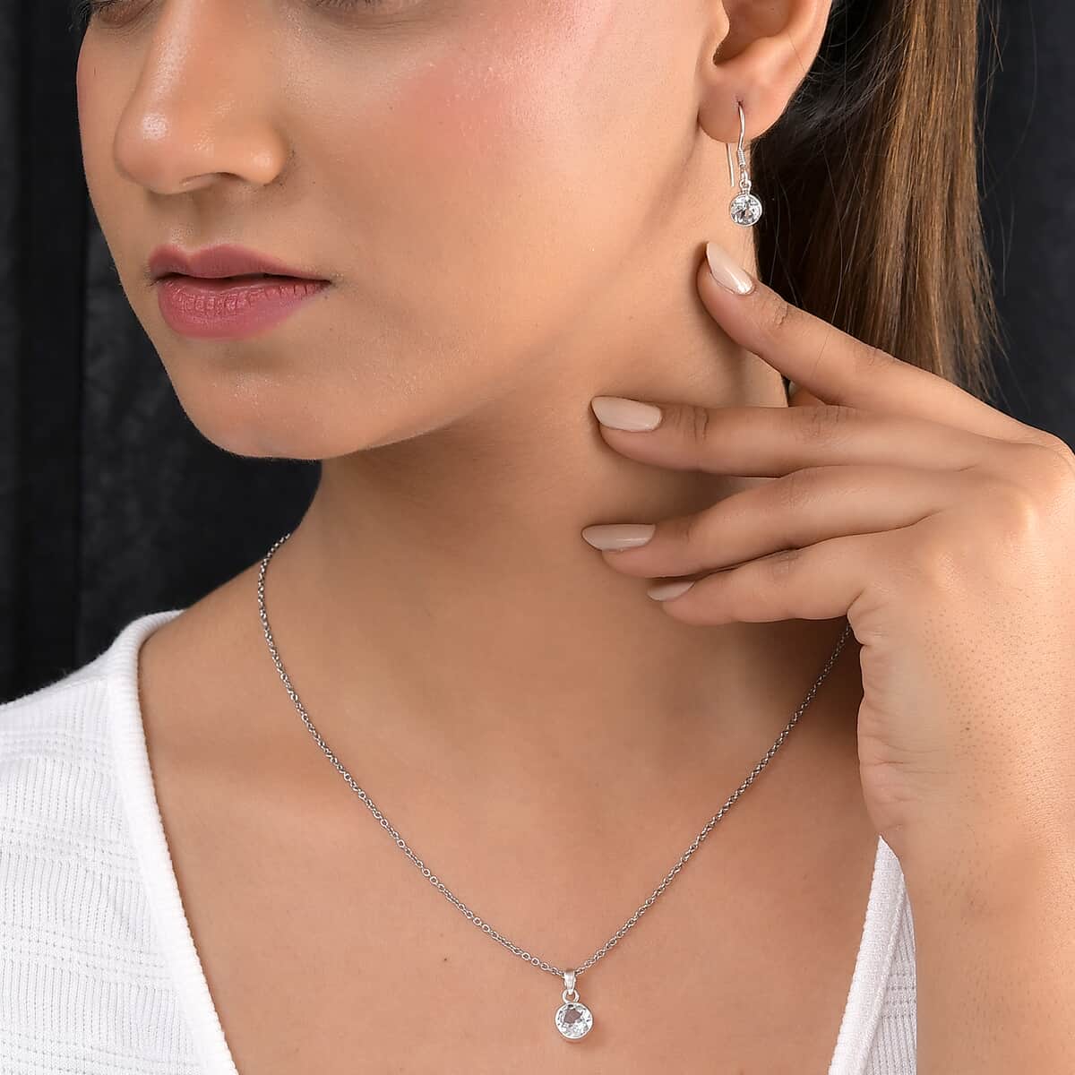 April Birthstone Jewelry Gift Set, White Topaz Earrings and Topaz Pendant, Jewelry Gift Set in Platinum Over Sterling Silver with Stainless Steel Necklace 20In 3.50 ctw image number 2