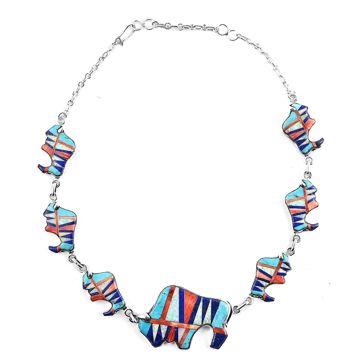 SANTA FE Style Black Onyx, Lab Created Opal Buffalo Dangle Earrings and Necklace 20 Inches in Sterling Silver 83.60 Grams 3.55 ctw image number 1