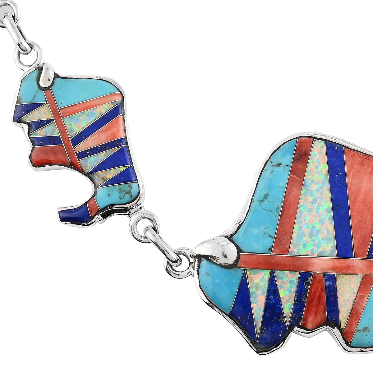 SANTA FE Style Black Onyx, Lab Created Opal Buffalo Dangle Earrings and Necklace 20 Inches in Sterling Silver 83.60 Grams 3.55 ctw image number 2