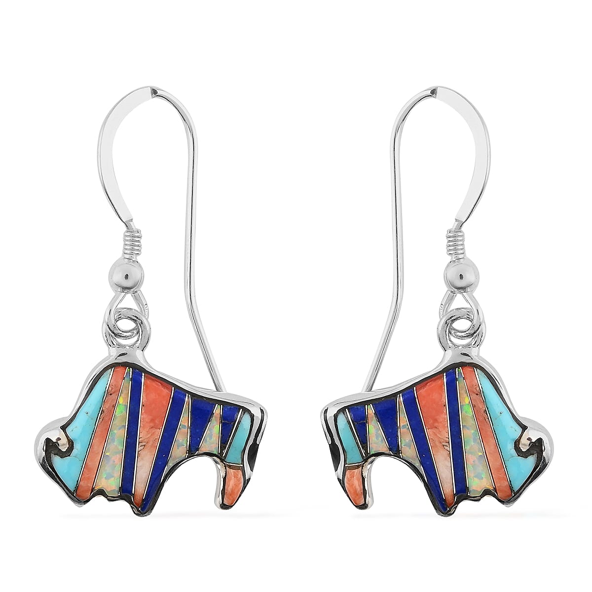 SANTA FE Style Black Onyx, Lab Created Opal Buffalo Dangle Earrings and Necklace 20 Inches in Sterling Silver 83.60 Grams 3.55 ctw image number 4