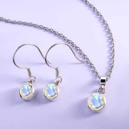 June Birthstone Jewelry Gift Set, Rainbow Moonstone Earrings and Moonstone Pendant, Jewelry Gift Set in Platinum Over Sterling Silver with Stainless Steel Necklace 20In 2.75 ctw image number 1
