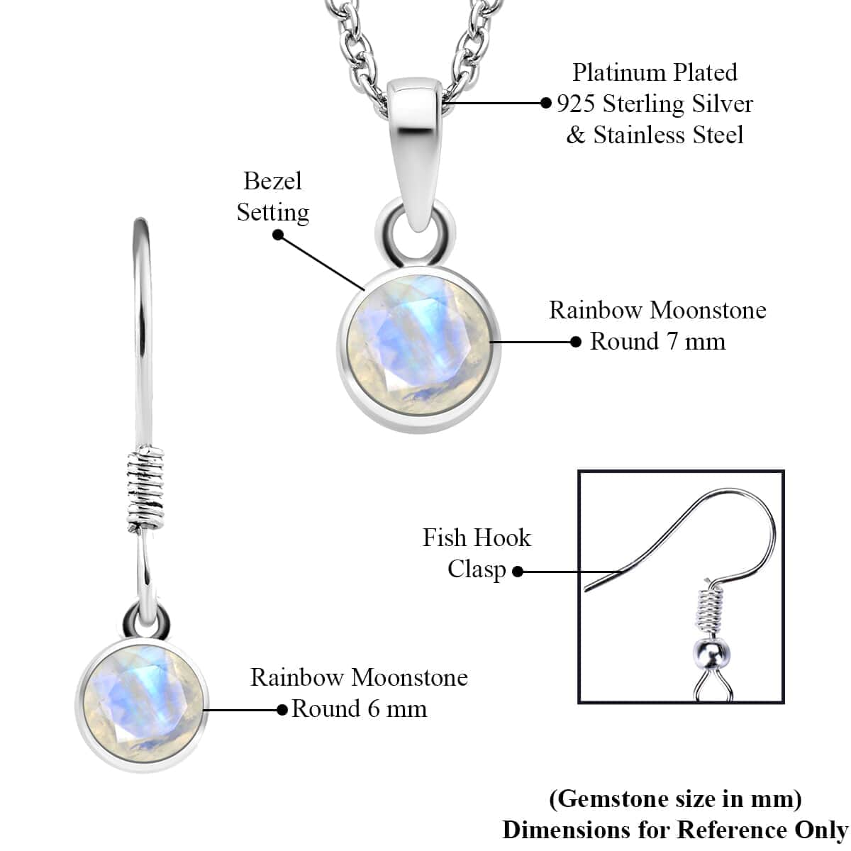 June Birthstone Jewelry Gift Set, Rainbow Moonstone Earrings and Moonstone Pendant, Jewelry Gift Set in Platinum Over Sterling Silver with Stainless Steel Necklace 20In 2.75 ctw image number 6
