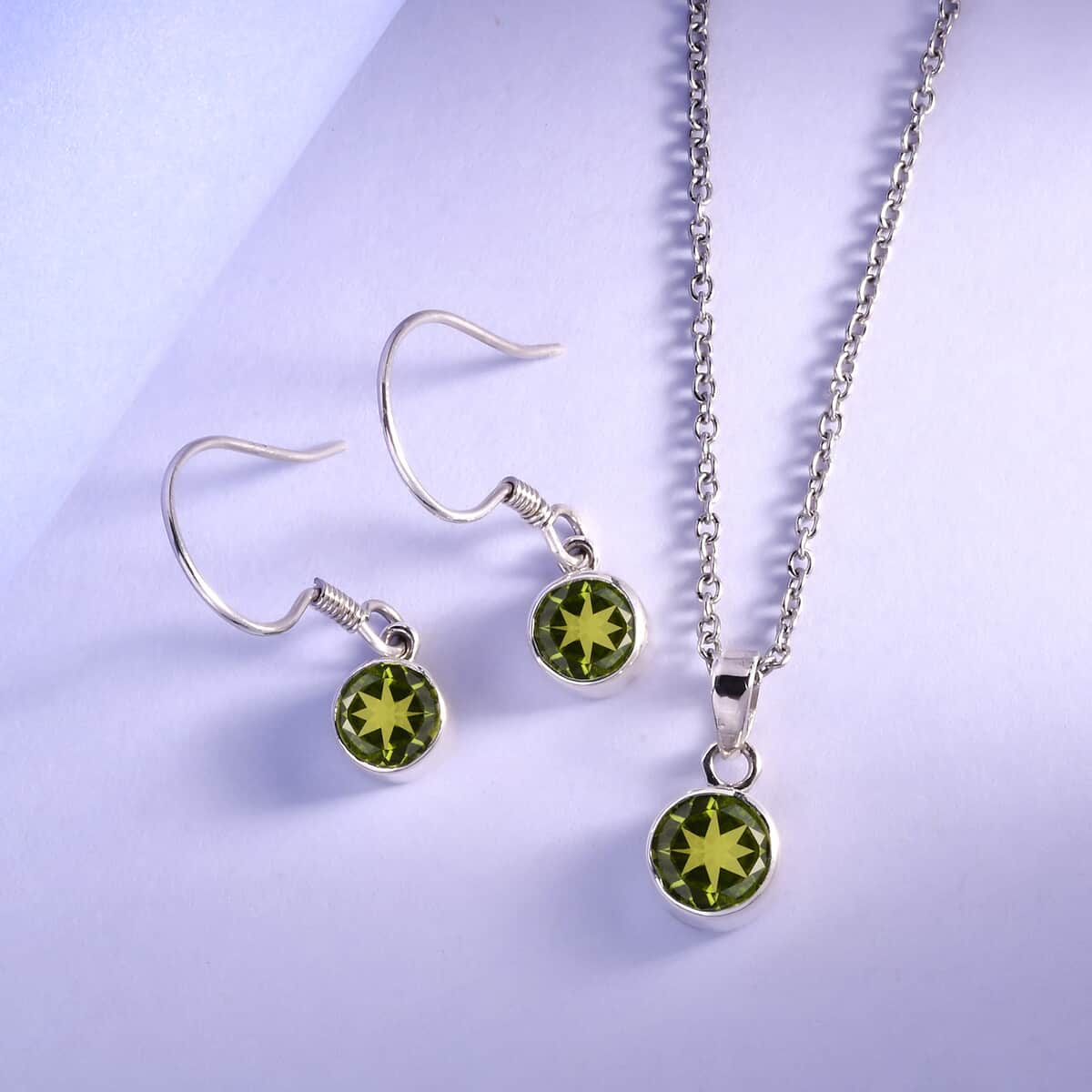August Birthstone Jewelry Gift Set, Peridot Earrings and Peridot Pendant, Jewelry Gift Set in Platinum Over Sterling Silver with Stainless Steel Necklace 20In 3.15 ctw image number 1