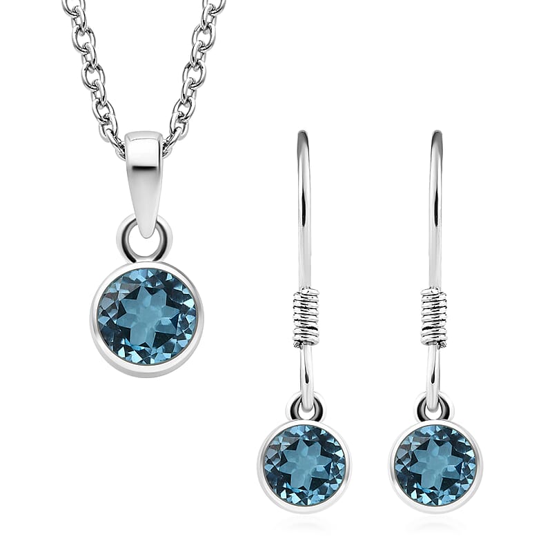 December Birthstone Jewelry Gift Set, Swiss Blue Topaz Earrings and Blue Topaz Pendant, Jewelry Gift Set in Platinum Over Sterling Silver with Stainless Steel Necklace 20In 3.50 ctw