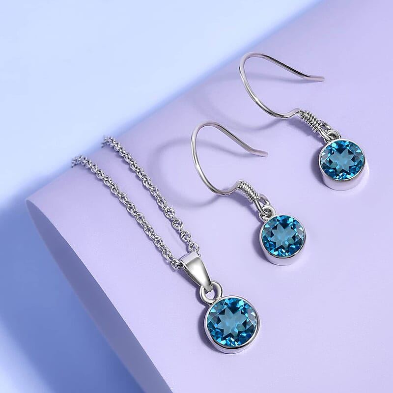 December Birthstone Jewelry Gift Set, Swiss Blue Topaz Earrings and Blue Topaz Pendant, Jewelry Gift Set in Platinum Over Sterling Silver with Stainless Steel Necklace 20In 3.50 ctw