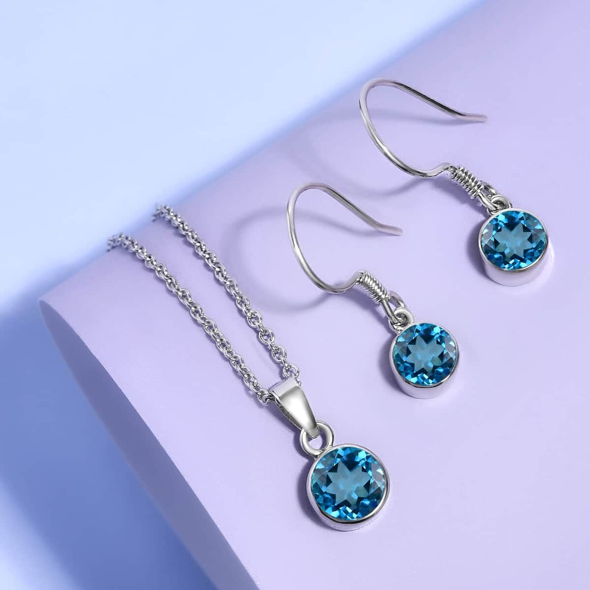 December Birthstone Jewelry Gift Set, Swiss Blue Topaz Earrings and Blue Topaz Pendant, Jewelry Gift Set in Platinum Over Sterling Silver with Stainless Steel Necklace 20In 3.50 ctw image number 1