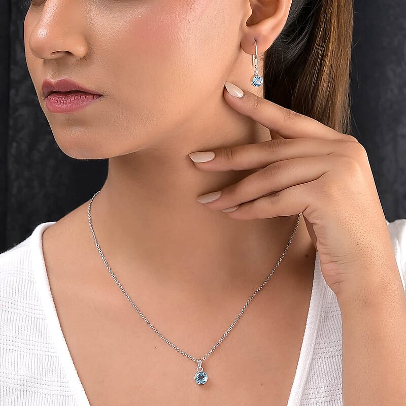 December Birthstone Jewelry Gift Set, Swiss Blue Topaz Earrings and Blue Topaz Pendant, Jewelry Gift Set in Platinum Over Sterling Silver with Stainless Steel Necklace 20In 3.50 ctw