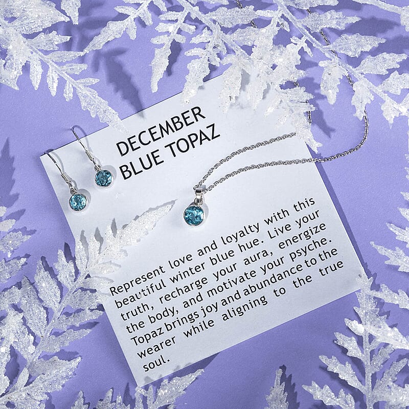 December Birthstone Jewelry Gift Set, Swiss Blue Topaz Earrings and Blue Topaz Pendant, Jewelry Gift Set in Platinum Over Sterling Silver with Stainless Steel Necklace 20In 3.50 ctw