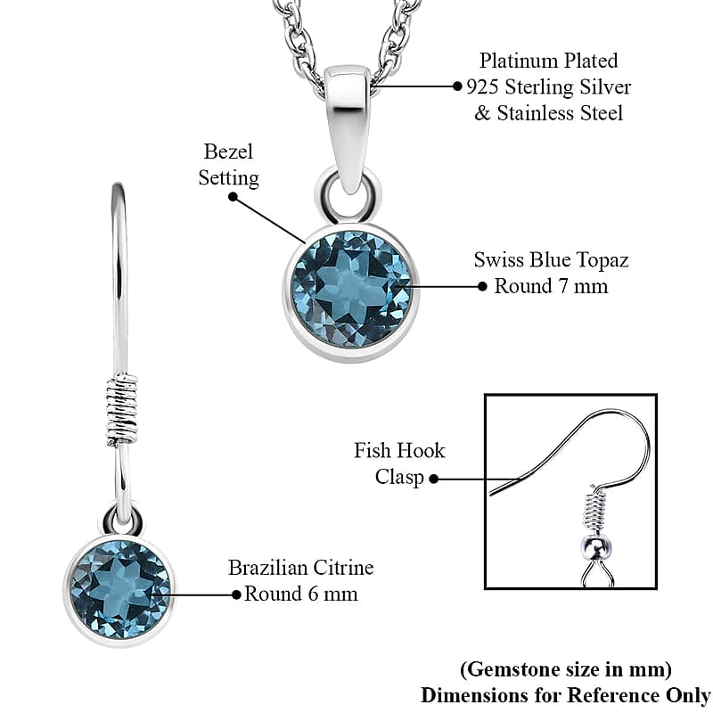 December Birthstone Jewelry Gift Set, Swiss Blue Topaz Earrings and Blue Topaz Pendant, Jewelry Gift Set in Platinum Over Sterling Silver with Stainless Steel Necklace 20In 3.50 ctw