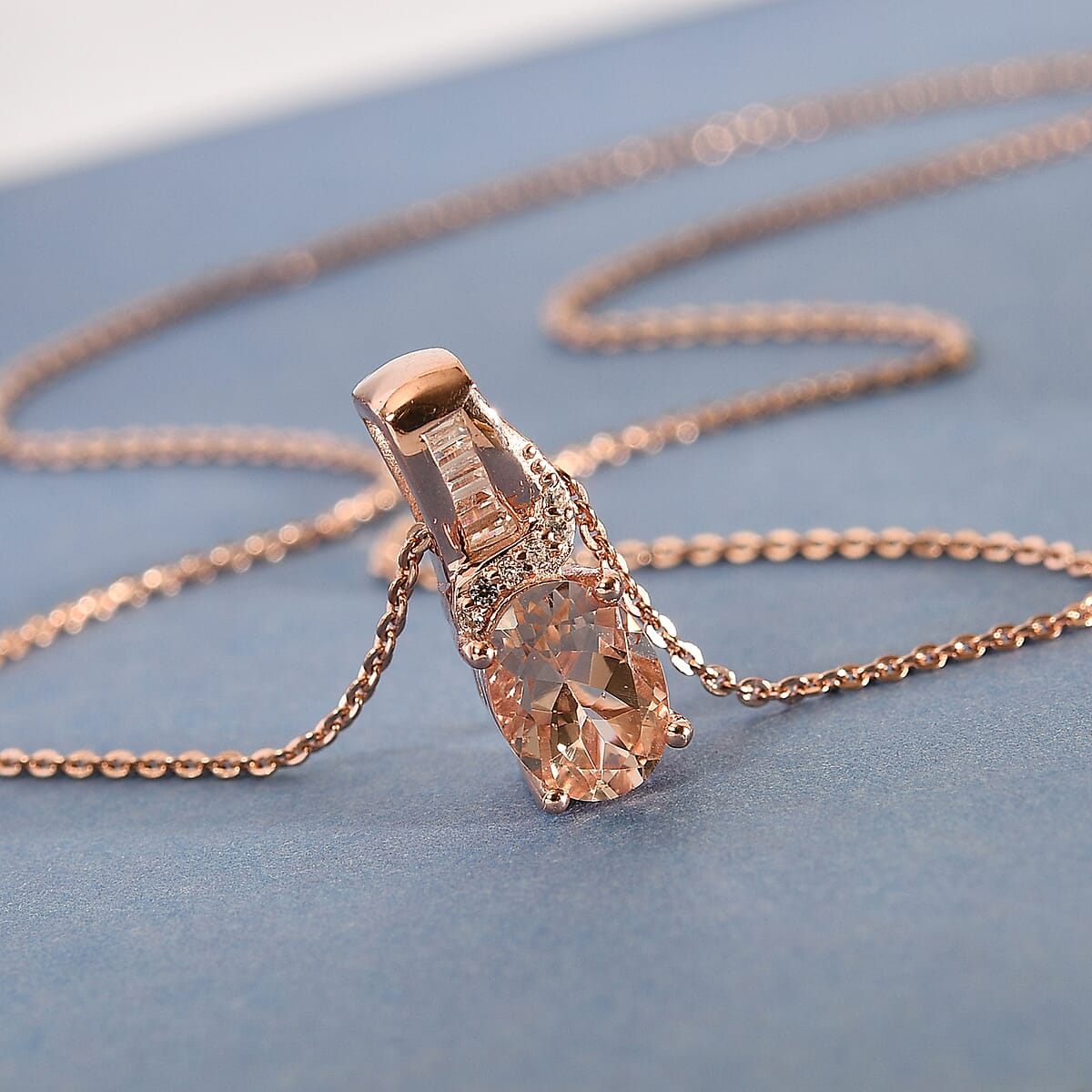 Marropino Morganite and Natural White Zircon Pendant Necklace 20 Inches in Vermeil Rose Gold Over Sterling Silver 1.15 ctw image number 1
