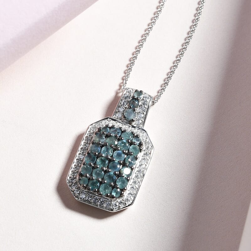 Narsipatnam Alexandrite and Natural White Zircon Cluster Pendant Necklace 20 Inches in Platinum Over Sterling Silver 2.00 ctw