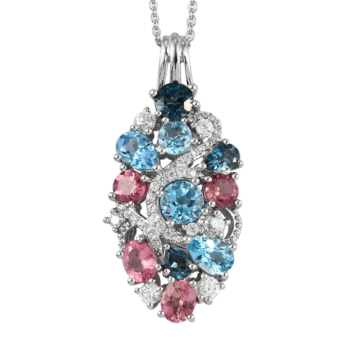 Swiss Blue Topaz and Multi Gemstone Pendant Necklace 20 Inches in Platinum Over Sterling Silver 4.60 ctw image number 0