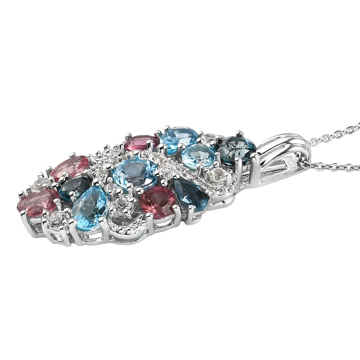 Swiss Blue Topaz and Multi Gemstone Pendant Necklace 20 Inches in Platinum Over Sterling Silver 4.60 ctw image number 2
