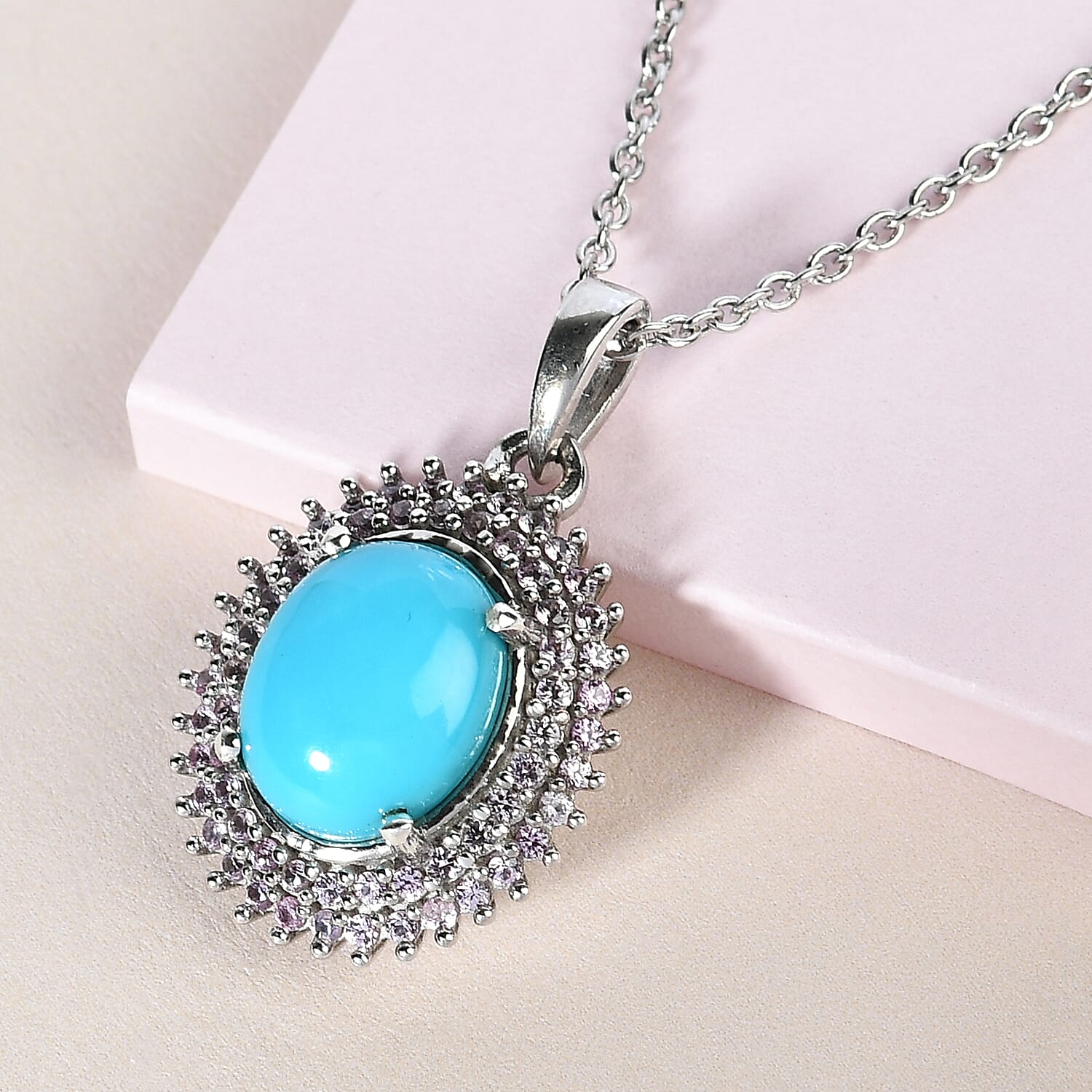 AMERICAN Natural Sleeping Beauty Turquoise and Pink Sapphire Double Halo Pendant Necklace 20 Inches in Platinum Over Sterling Silver 3.75 ctw