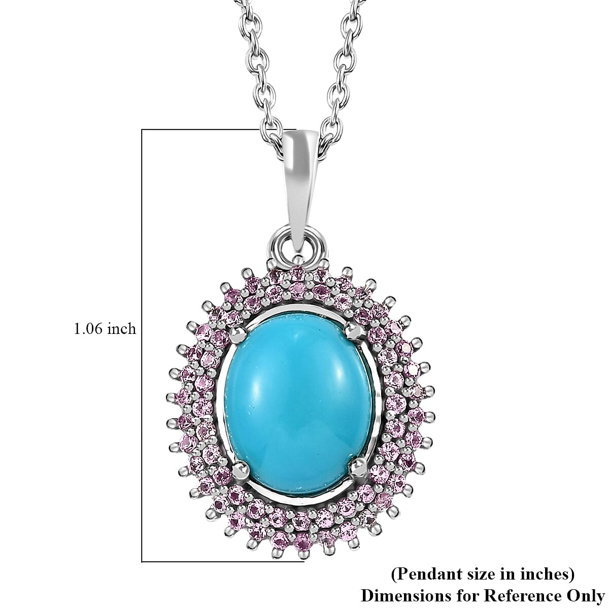 AMERICAN Natural Sleeping Beauty Turquoise and Pink Sapphire Double Halo Pendant Necklace 20 Inches in Platinum Over Sterling Silver 3.75 ctw