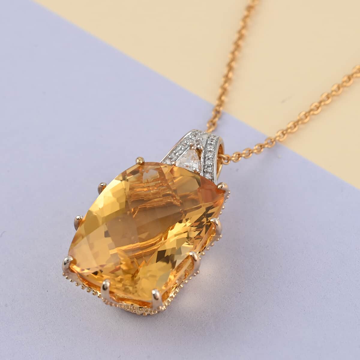 SUMMER DEALS Brazilian Citrine and Natural White Zircon Pendant Necklace 20 Inches in Vermeil Yellow Gold Over Sterling Silver 17.75 ctw image number 1
