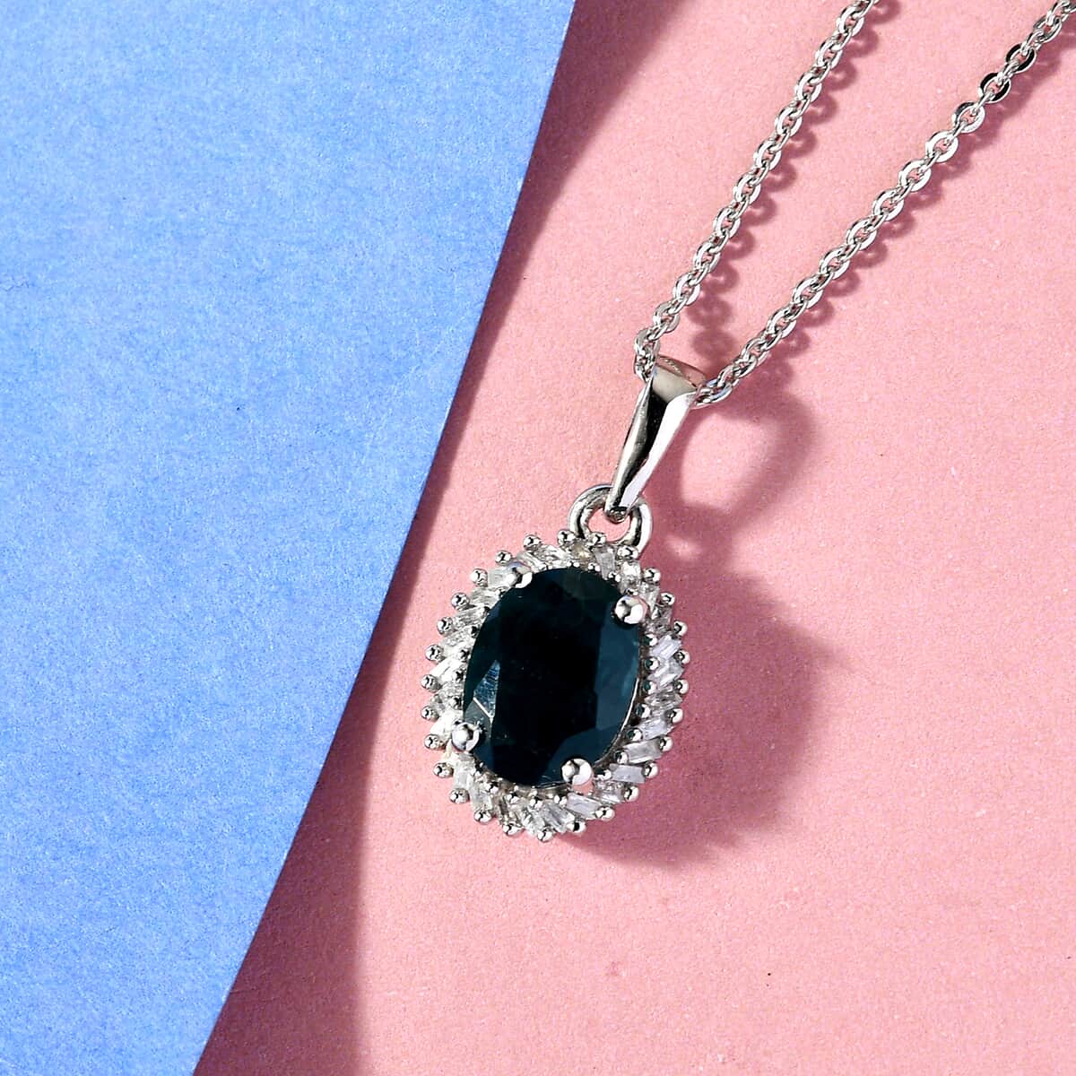 Teal Grandidierite and Diamond Halo Pendant Necklace 20 Inches in Platinum Over Sterling Silver 1.60 ctw image number 1