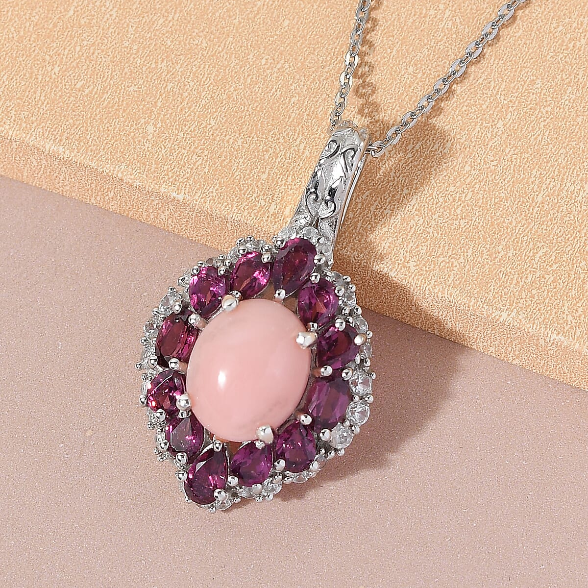 AMERICAN Oregon Peach Opal and Multi Gemstone Floral Pendant Necklace 20 Inches in Platinum Over Sterling Silver 6.15 ctw image number 1
