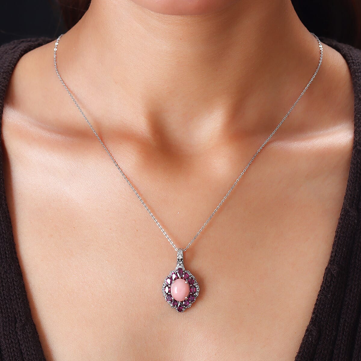 AMERICAN Oregon Peach Opal and Multi Gemstone Floral Pendant Necklace 20 Inches in Platinum Over Sterling Silver 6.15 ctw image number 2