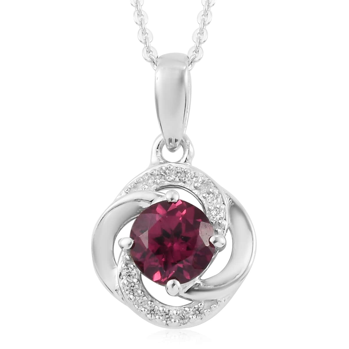 Orissa Rhodolite Garnet and Natural White Zircon Pendant Necklace 20 Inches in Platinum Over Sterling Silver 1.20 ctw image number 0