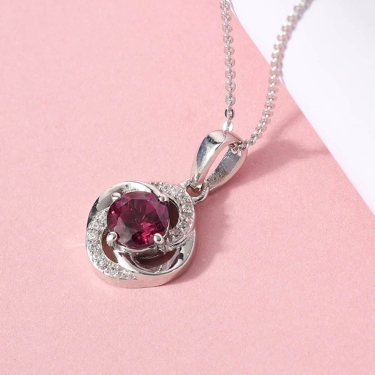 Orissa Rhodolite Garnet and Natural White Zircon Pendant Necklace 20 Inches in Platinum Over Sterling Silver 1.20 ctw image number 1