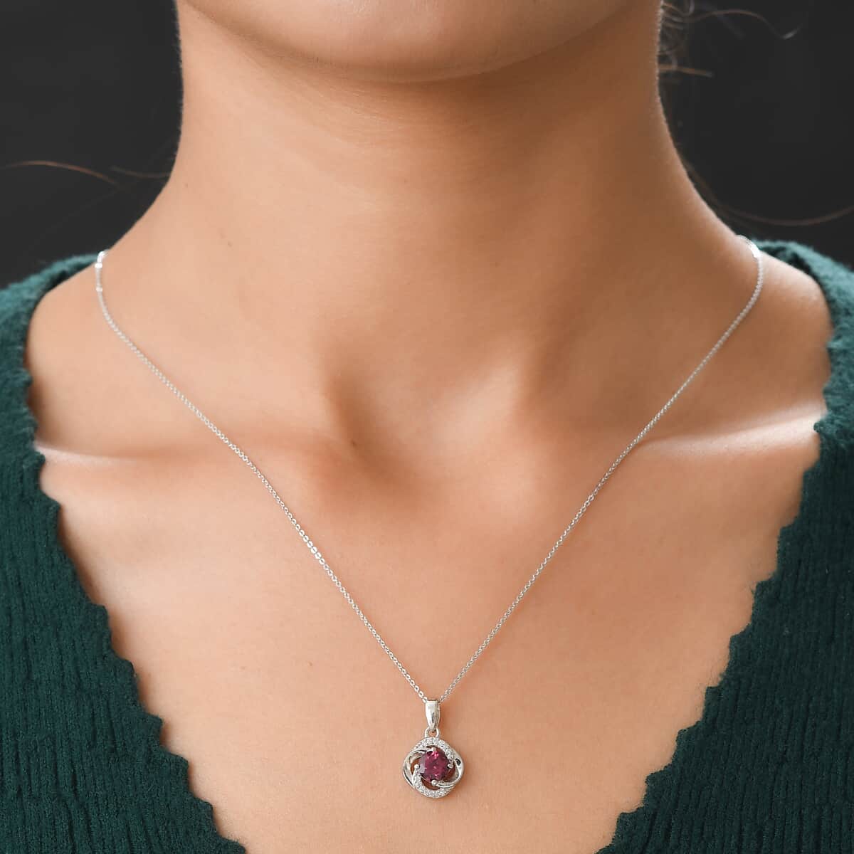 Orissa Rhodolite Garnet and Natural White Zircon Pendant Necklace 20 Inches in Platinum Over Sterling Silver 1.20 ctw image number 2