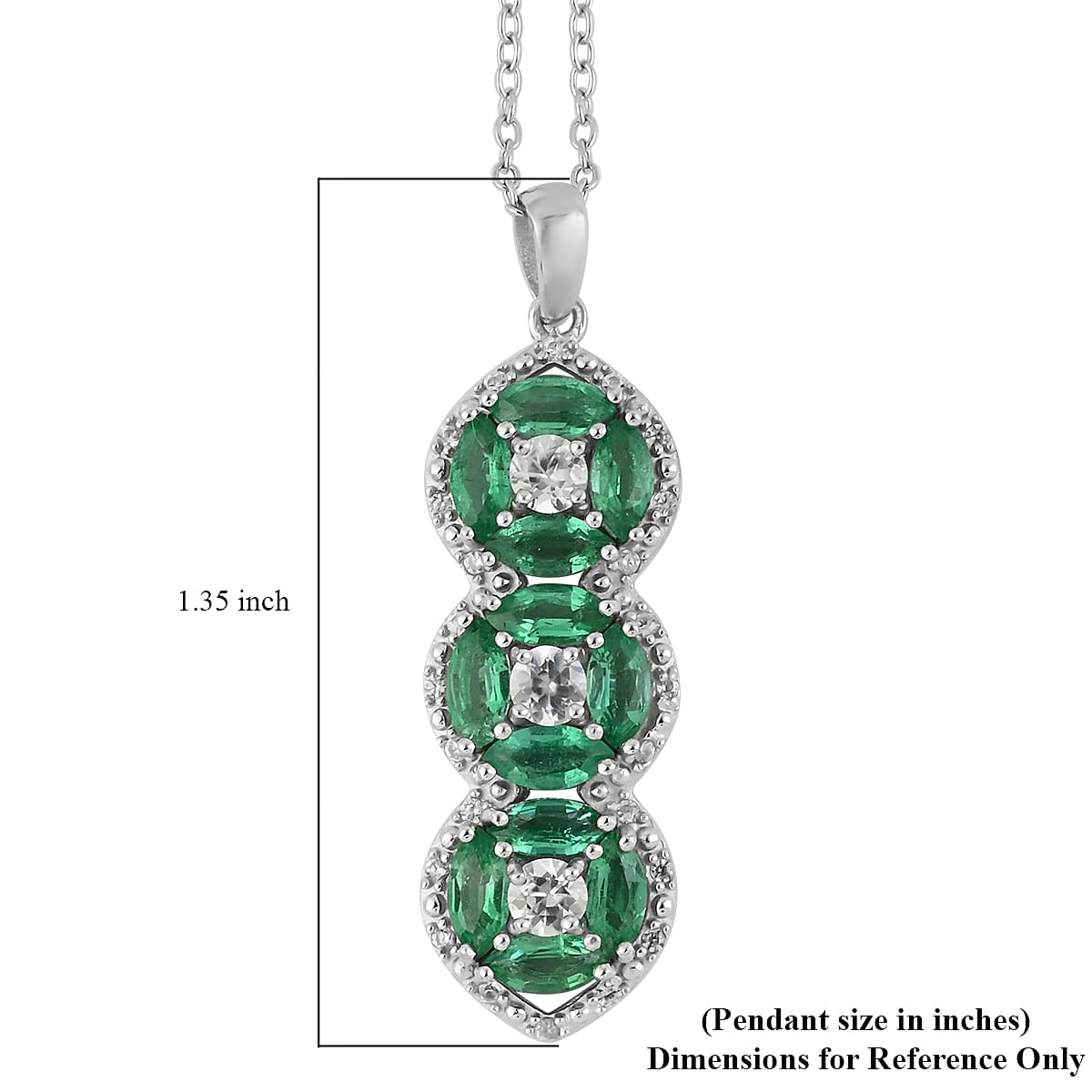 AAA Kagem Emerald and Natural White Zircon Line Pendant Necklace 20 Inches in Sterling Silver 2.00 ctw