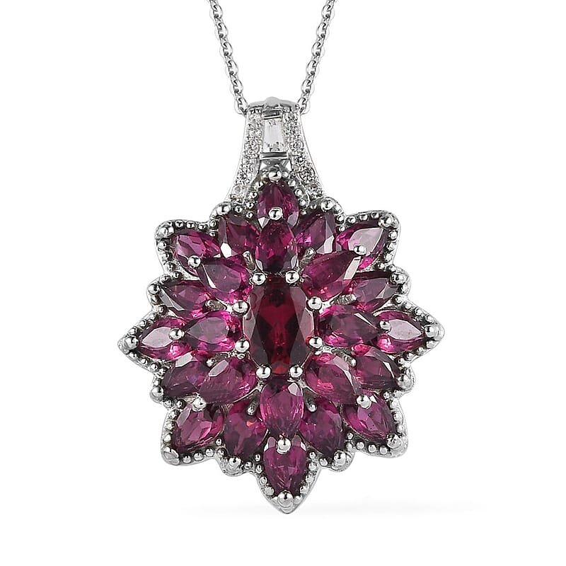 Orissa Rhodolite Garnet and White Zircon Cocktail Pendant Necklace 20 Inches in Platinum Over Sterling Silver 6.85 ctw