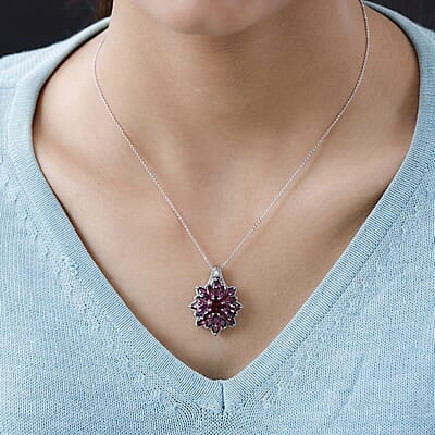 Orissa Rhodolite Garnet and White Zircon Cocktail Pendant Necklace 20 Inches in Platinum Over Sterling Silver 6.85 ctw