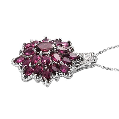Orissa Rhodolite Garnet and White Zircon Cocktail Pendant Necklace 20 Inches in Platinum Over Sterling Silver 6.85 ctw