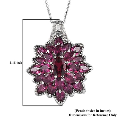 Orissa Rhodolite Garnet and White Zircon Cocktail Pendant Necklace 20 Inches in Platinum Over Sterling Silver 6.85 ctw