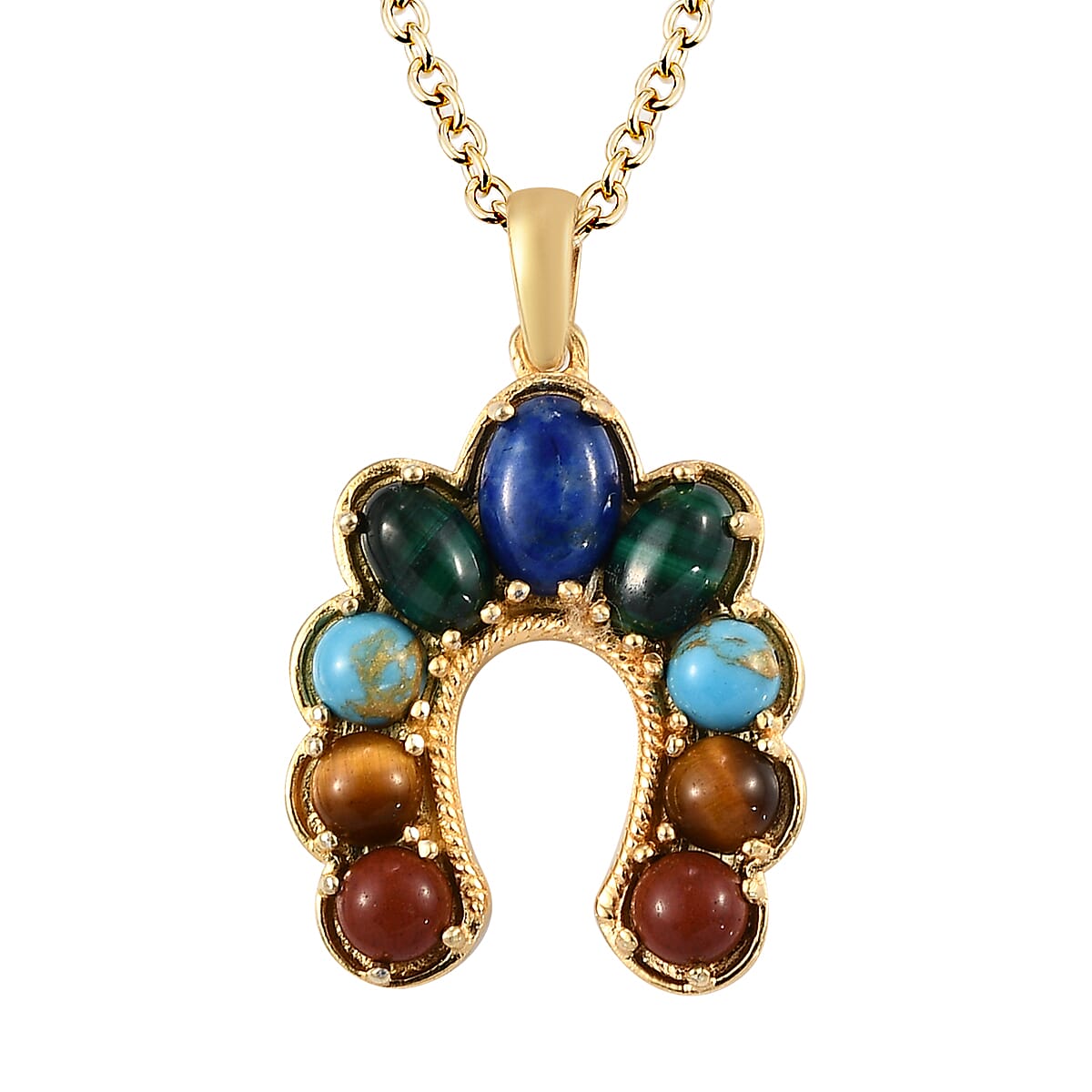 Karis Lapis Lazuli and Multi Gemstone Horseshoe Pendant in 18K YG Plated with ION Plated YG Stainless Steel Necklace 20 Inches 4.50 ctw