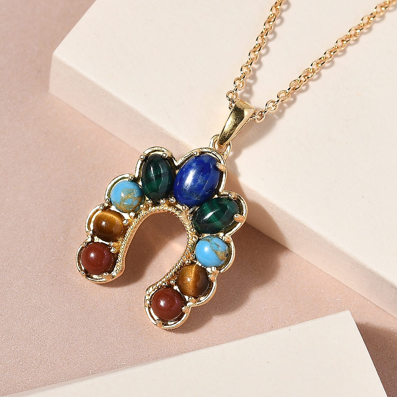 Karis Lapis Lazuli and Multi Gemstone Horseshoe Pendant in 18K YG Plated with ION Plated YG Stainless Steel Necklace 20 Inches 4.50 ctw