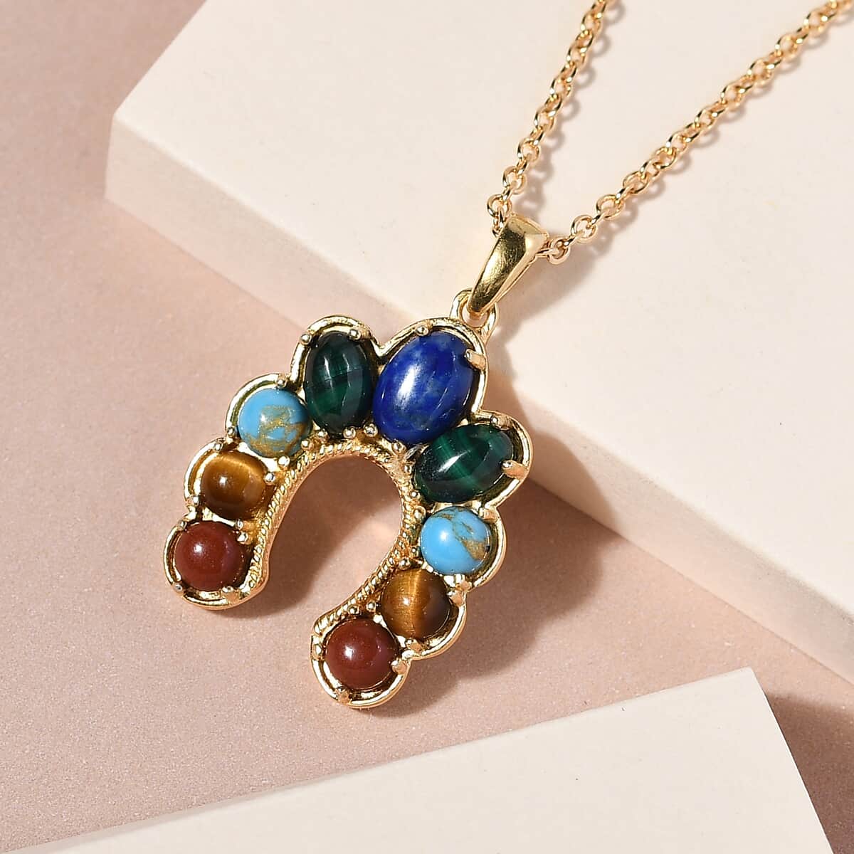 KARIS Lapis Lazuli and Multi Gemstone Pendant Necklace 20 Inches in ION Plated 18K Yellow Gold and ION Plated Yellow Gold Stainless Steel 4.50 ctw image number 1
