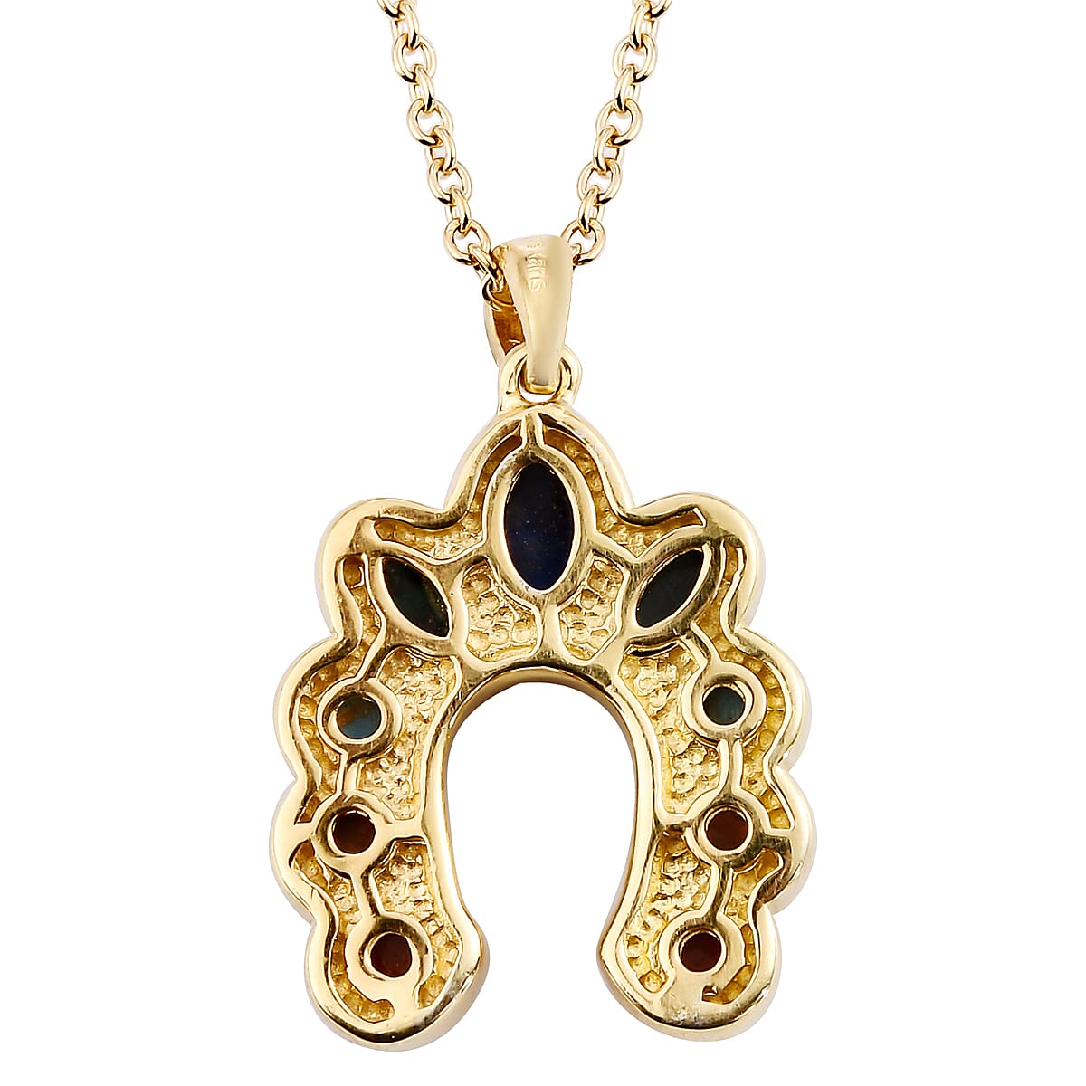 Karis Lapis Lazuli and Multi Gemstone Horseshoe Pendant in 18K YG Plated with ION Plated YG Stainless Steel Necklace 20 Inches 4.50 ctw