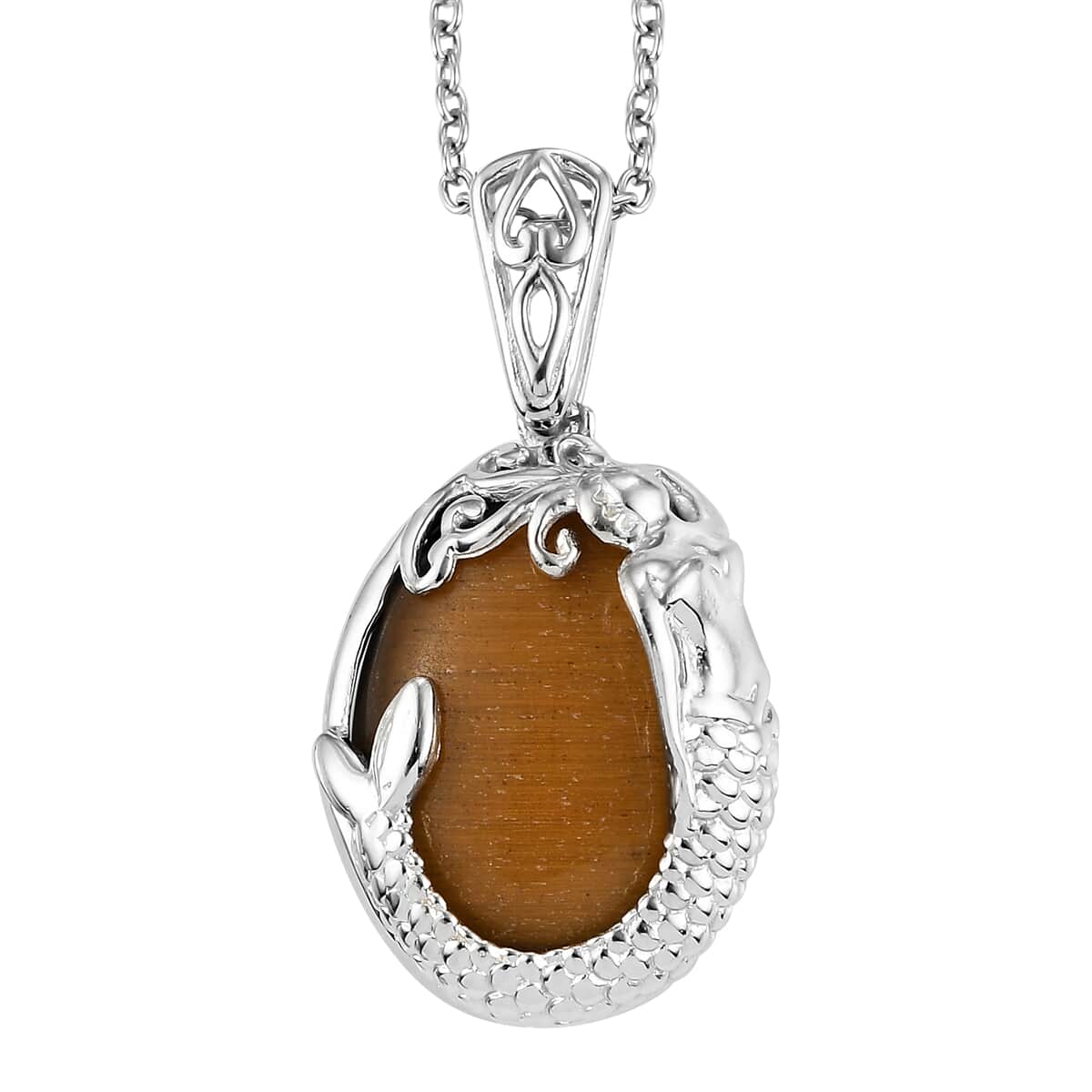 Karis Tiger's Eye Mermaid Pendant in Platinum Bond with Stainless Steel Necklace 20 Inches 14.50 ctw image number 0