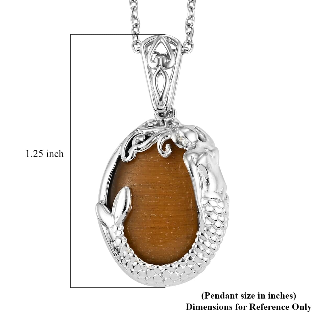 Karis Tiger's Eye Mermaid Pendant in Platinum Bond with Stainless Steel Necklace 20 Inches 14.50 ctw image number 5