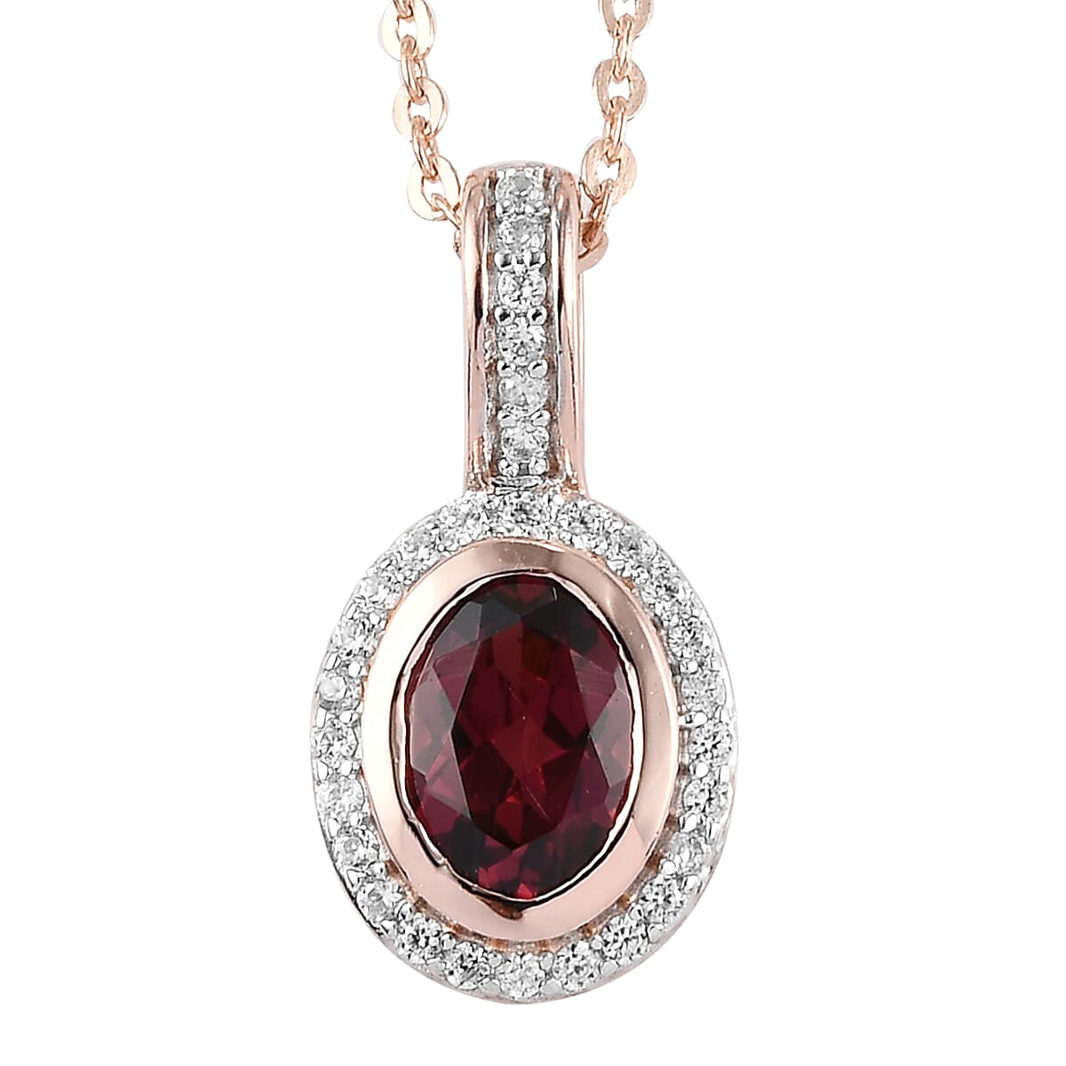 Orissa Rhodolite Garnet and Natural White Zircon Pendant Necklace 20 Inches in Vermeil Rose Gold Over Sterling Silver 1.15 ctw